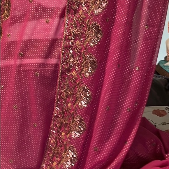 Deep pink beautiful colors with copper golden border & aachall & ready made blou - Picture 3 of 6